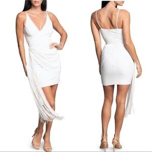 Dress the Population Alida Asymmetrical Fringe Spaghetti Strap Mini Dress White